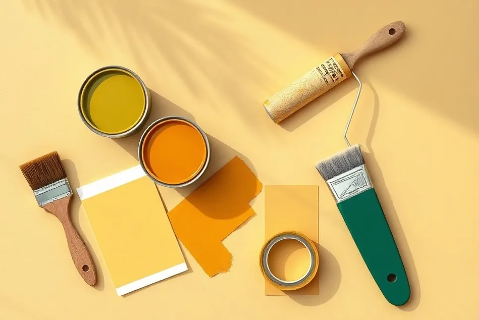 Pots de peinture, nuancier, brosses et rouleaux disposés à plat