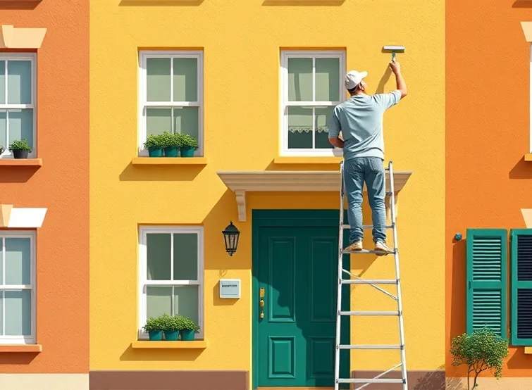 Peintre sur échafaudage traitant la façade d'une maison