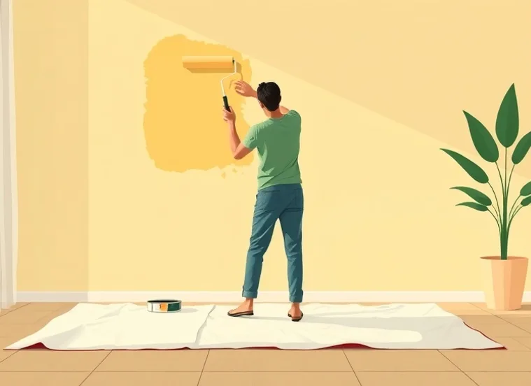 Peintre appliquant la peinture au rouleau sur un mur de salon